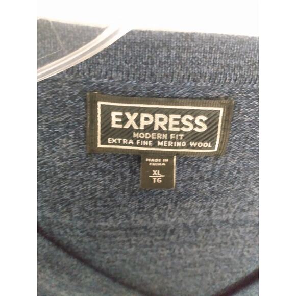 Express Blue Merino Wool Sweater Men's Size XL/TG V-Neck Long Sleeve - Picture 3 of 5